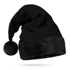 Hexonomy All Black Santa Hat, Faux Fur Furry Trim - Spooky Christmas, Adult OS
