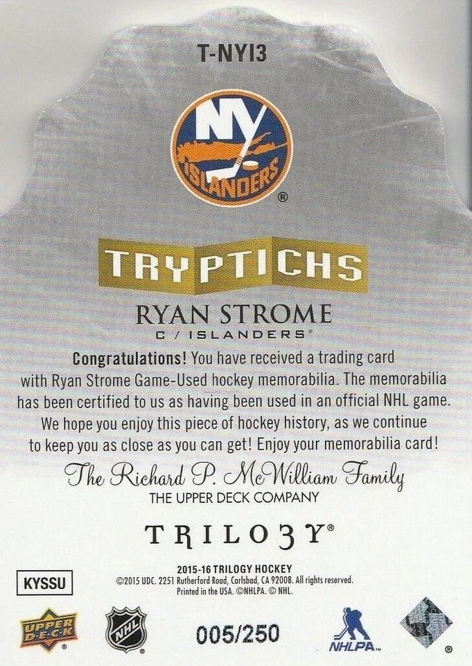 2015-16 Upper Deck Trilogy Tryptichs #T-NYI3 Ryan Strome JSY/250 - Image 2 of 2