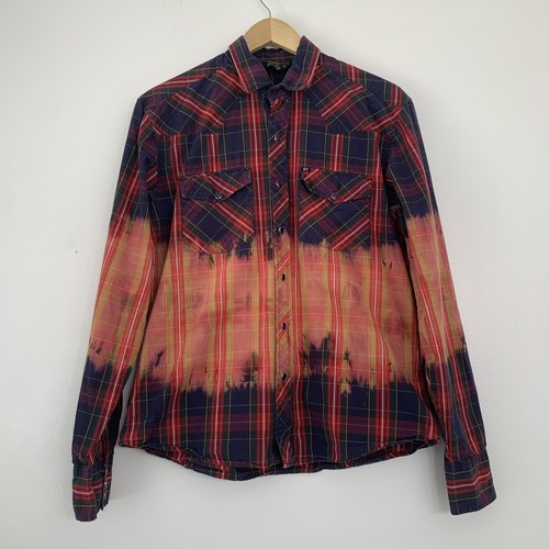 Salt Valley Western Mens Medium Pearl Snap Plaid Long Sleeve Shirt Bleach Dye