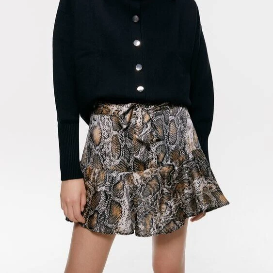ZARA SNAKESKIN SKORT MEDIUM BROWN TAN HIGH WAIST TIE FRONT SKIRT SHORTS 9878 222