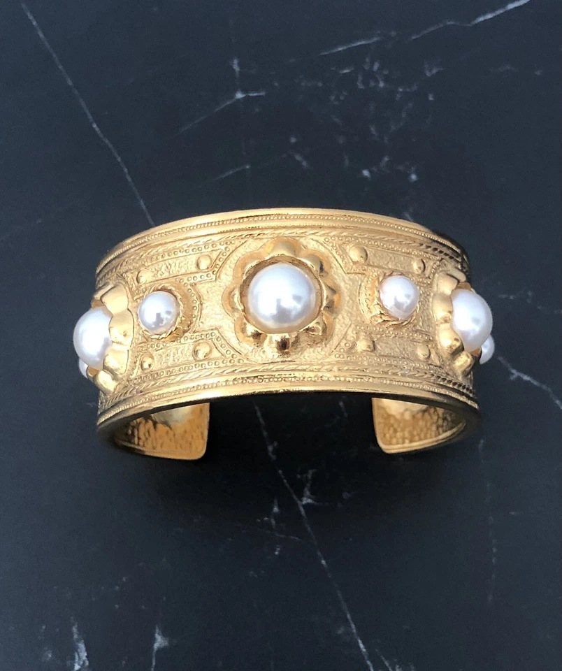 BEN AMUN 24K Gold Pl Chunky Statement Pearl Cuff Vintage Designer Bracelet 73.1g