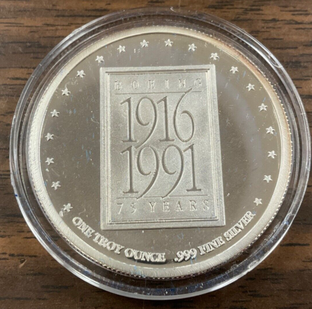 1991 Boeing 75th Anniversary 1 oz .999 Silver medal in box w
