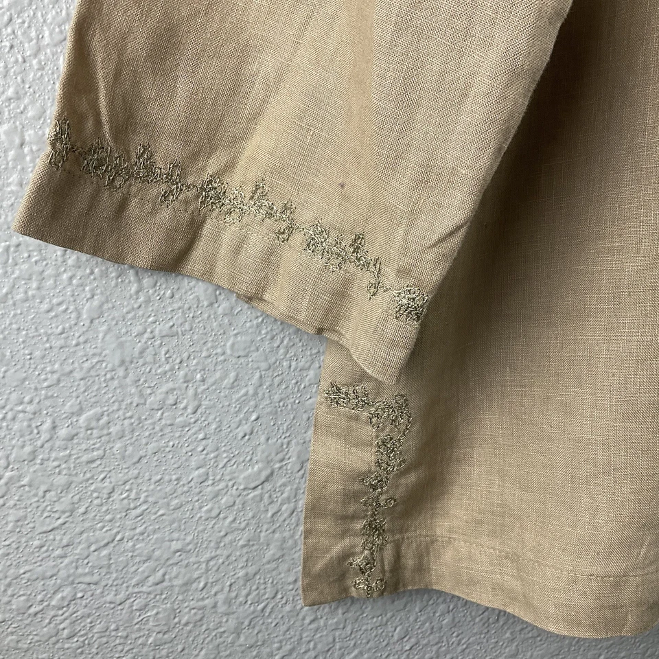 Top túnica Richard Malcolm 100 % lino irlandés bronceado bordado cuello en V boho pequeña L Foto 3 de 4