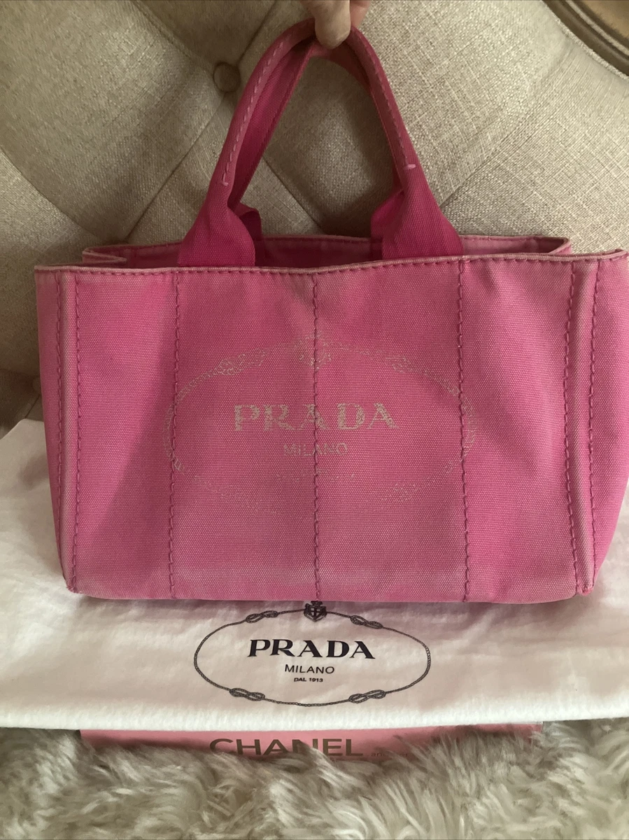 PRADA Milano Canapa Tote Hand Bag Hot Pink Cotton Canvas Purse Italy