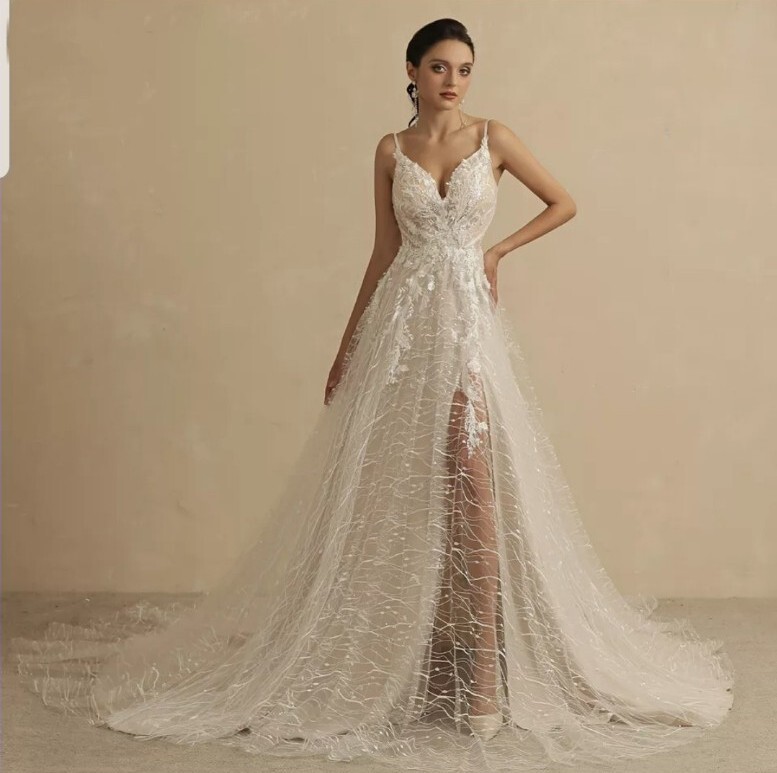 UK Ivory Champagne Sexy High Slit Bridal Boho A Line Wedding Dresses Size  6-18 | eBay UK