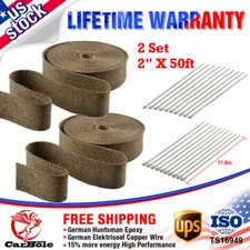 2 Set 2" 50FT Rolls Titanium Lava Manifold Header Exhaust Heat Wrap Tape 20 Ties
