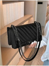 Black Twilled Embroidery Thread Twist Lock Shoulder & Crossbody Square Bag