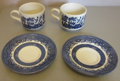 Vintage Blue Willow Cup Saucer Sets 2 Churchill England coffee teacup pair 4P - Picture 3 of 5