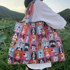 Cartoon Dog Print Reusable Shopping Bag, Large Capacity