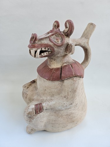 MOCHE Ceremonial Stirrup Spout Vessel- Animal Mythology Warrior Figure PERU 
