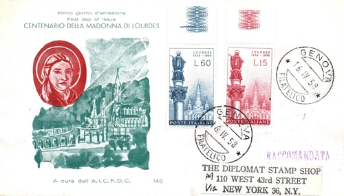 ITALY FIRST DAY COVER (2) WITH SELVEDGE CENTENARY OF OUR LADY OF LOURDES 1958