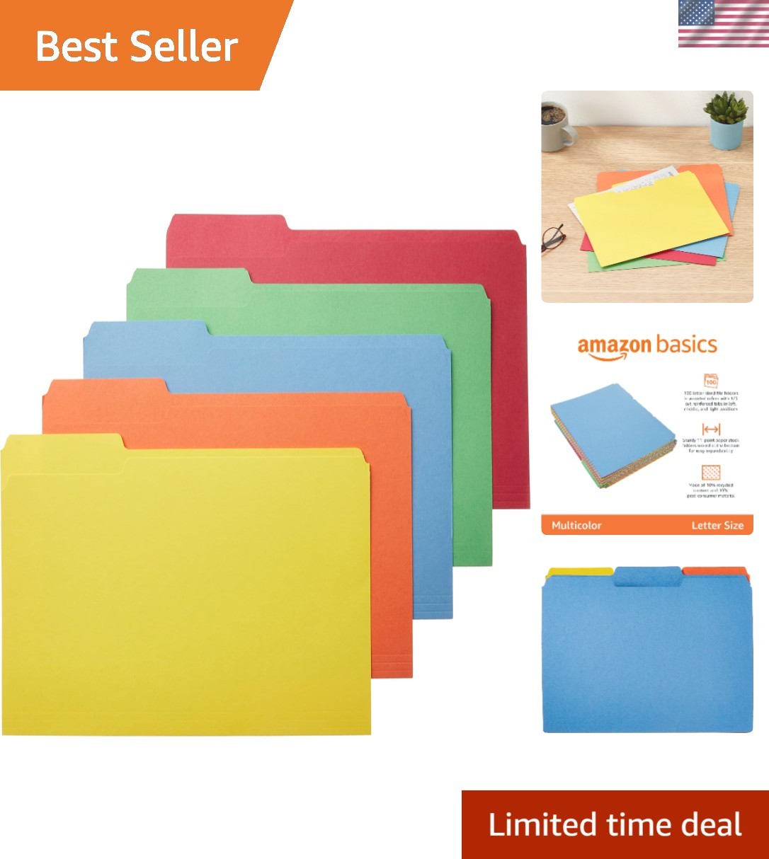 Eco-Friendly Letter Size File Folders, 100 Assorted Colors for Organized Filing