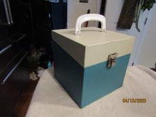 Vintage 45 RPM Record Case Solid Wood Vinyl Covered Blue  White Metal Latch 50s