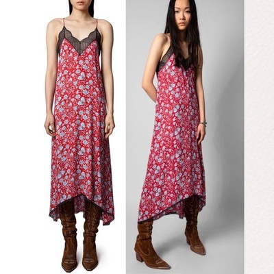 Zadig & Voltaire Risty Flowers Field Dress, Skull Floral Lace Midi, Medium Red