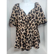 SHEIN CURVE Leopard Print Twist Front Square Neck Peplum Top 2XL Smock Back NWOT