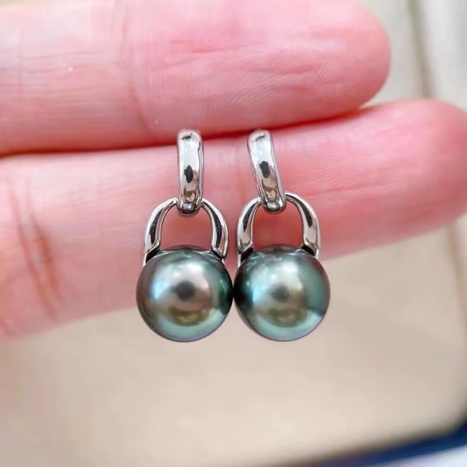 elegante par de brinco de pérola verde preto redondo taitiano 10-11mm 925s (T) - Imagem 3 de 3