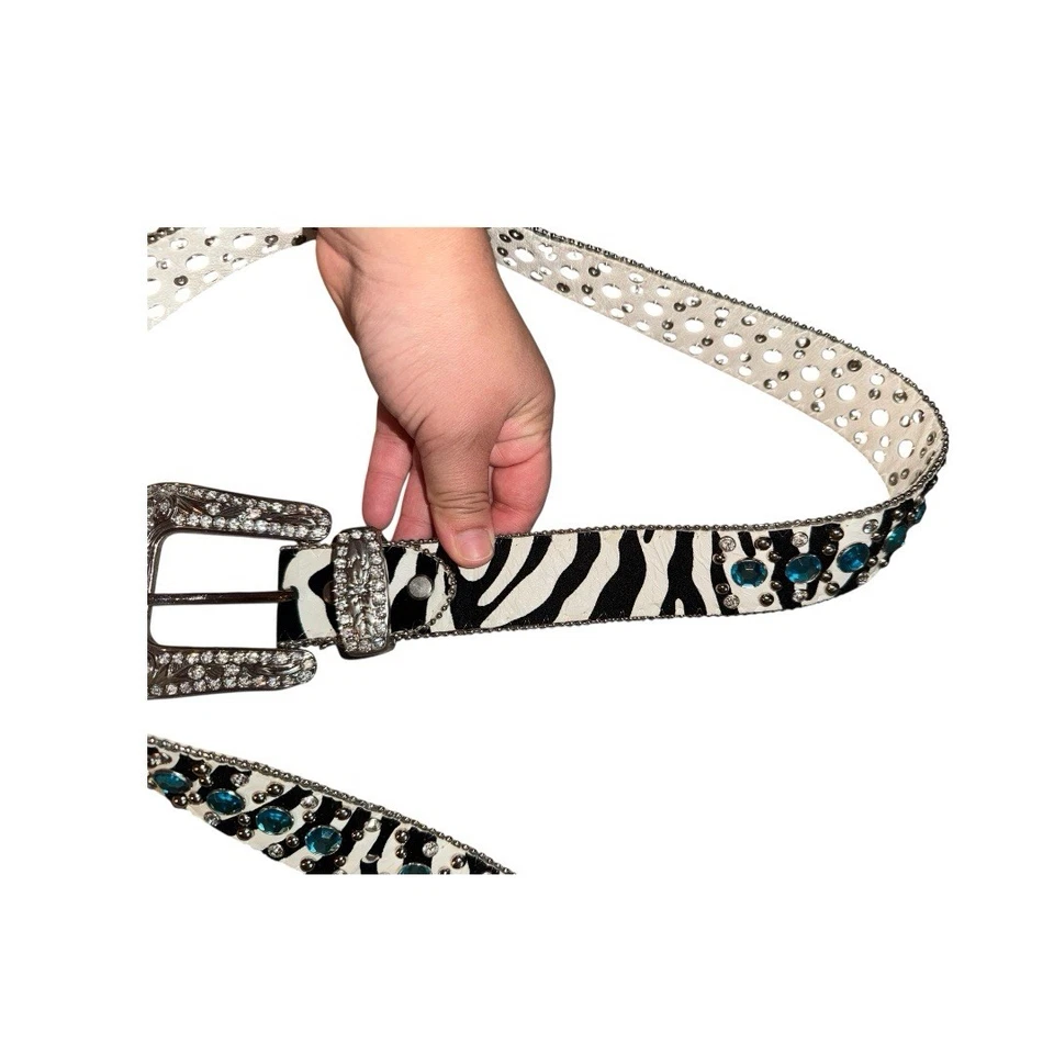 Cinturón ATLAS Western Rodeo Damas Adornado Azul Cielo Piedras/Impresión Cebra CueroL Foto 2 de 4