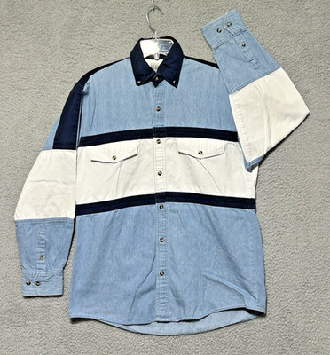 Vintage Express Riders Shirt Mens Medium Blue Denim Western Snap Colorblock