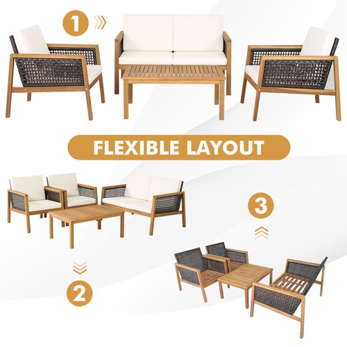 4PCS Patio Acacia Wood Furniture Set PE Rattan Conversation Set w/ Off White - Picture 5 of 10