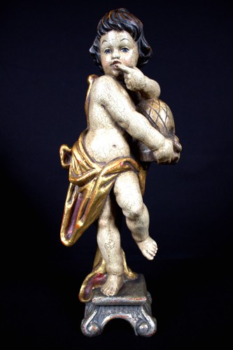 ANTIQUE 17" HAND CARVED WOOD HONEYLICKER ANGEL CHERUB PUTTO STATUE FIGURINE GIFT