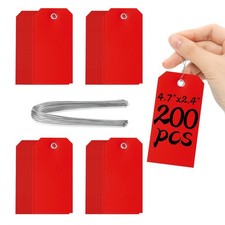 200 Red Tags - 4 3/4" x 2 3/8" Writable Hang Tags with Reinforced Marking for...