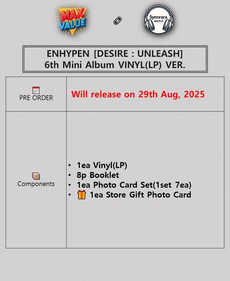 ENHYPEN DESIRE:UNLEASH 6th Mini Album VINYL(LP) Ver w/ Booklet+7 Photo Card+GIFT - Image 2 of 4