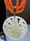 Vintage Chinese Beaded Necklace cameo lady jade pendant orange bead disc silver — photo 2