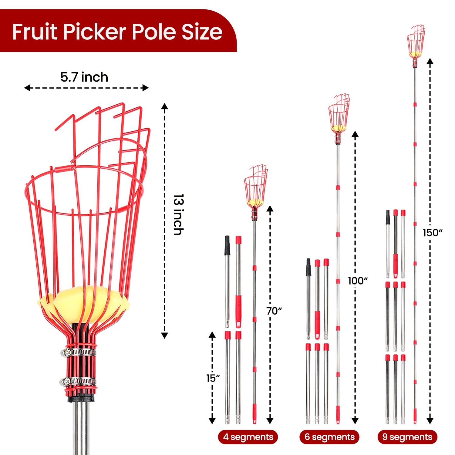 Fruit Picker Pole with Basket Segmented Fruit Picker Pole Tool for Apple Avoc...