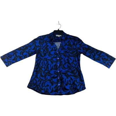 Dana Buchman Blouse Womens Size Small Blue Black 3/4 Sleeve Button Down Stretch
