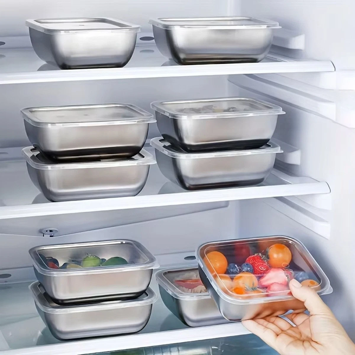 10 Reusable Stainless Steel Storage Jars with Hinged Lids for Refrigerators 1777