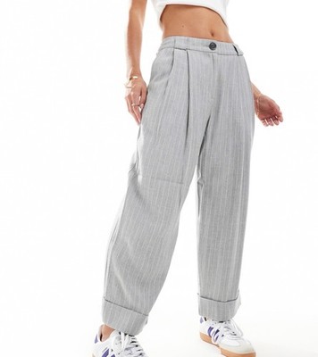 ASOS Petite gray pinstripe wide leg cuffed trousers US6 office casual chic