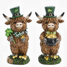 St Patricks Day Decorations for Home, 2Pcs Highland Cow Decor with Shamrock Pot
