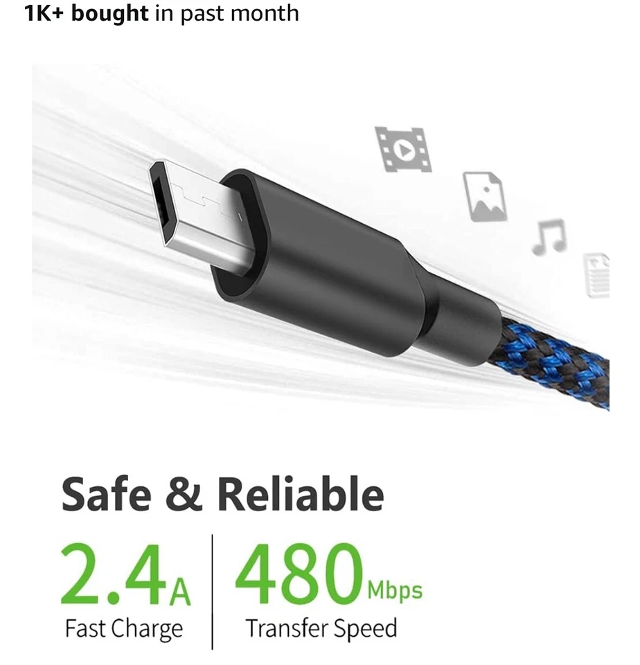 3-Pack Micro USB Cable 10Ft Fast Charge Cord For Samsung LG Android Charger - Image 2 of 4