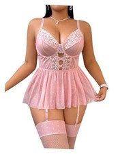 Women's Plus Size Garter Lingerie Set Polka Dots Cut Out 4X-Large Plus Pink