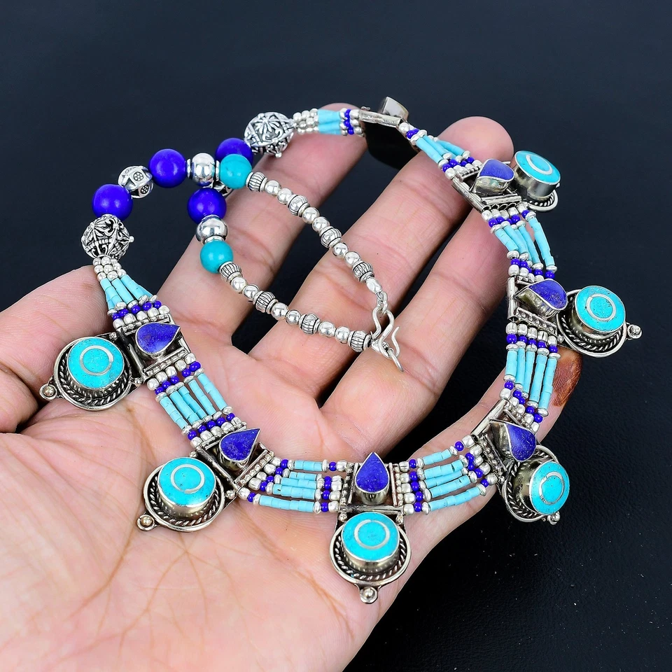 Turquoise Lapis Lazuli Ethnic 925 Sterling Silver Tibetan Nepali Necklace 18" i7 - Image 4 of 4