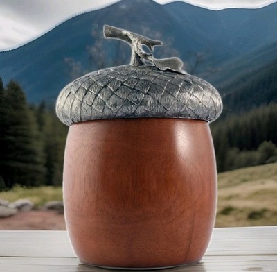 Vagabond House Acacia Wood & Fine Pewter 16'' Acorn  Double Walled Ice Bucket NEW