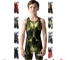 Exxact Sports Sublimated Men's Wrestling Singlets, Powerlifting Large, Skull Kid