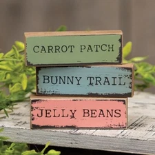 New PRIMITIVE EASTER Block Sign Stick 3 pcs 3" W 1" H Wood Painted Distressed