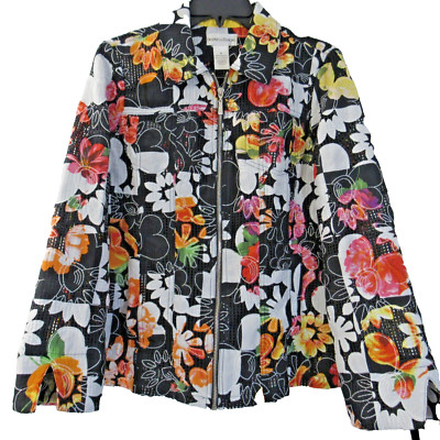 Drapers & Damons Womens Jacket Sz M Floral Zip Lightweight Black White Pink