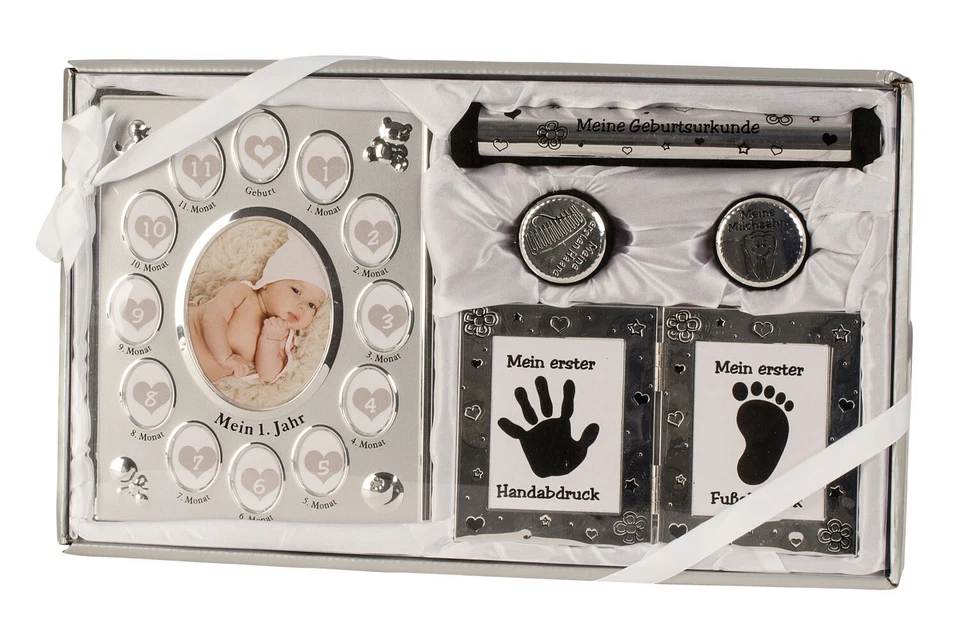 GESCHENKESTADL Babyset Bilderrahmen silber 2 Dosen Fotorahmen Geschenk Taufe Geburt Baby