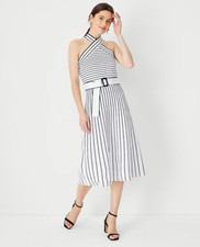 NEW ANN TAYLOR $169 STRIPED CROSSOVER HALTER SWEATER DRESS SZ M MEDIUM