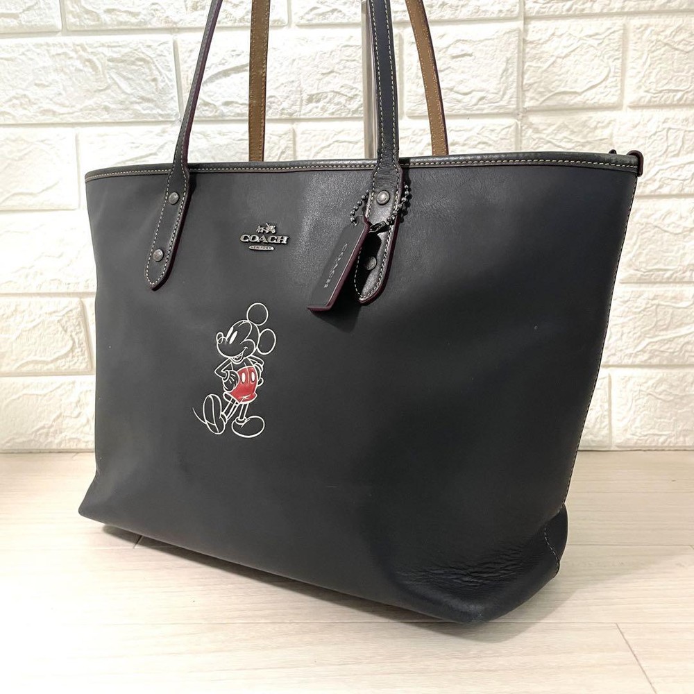 Coach Disney Collaboration Mickey Mouse Leather Tote Bag Black Women Unisex