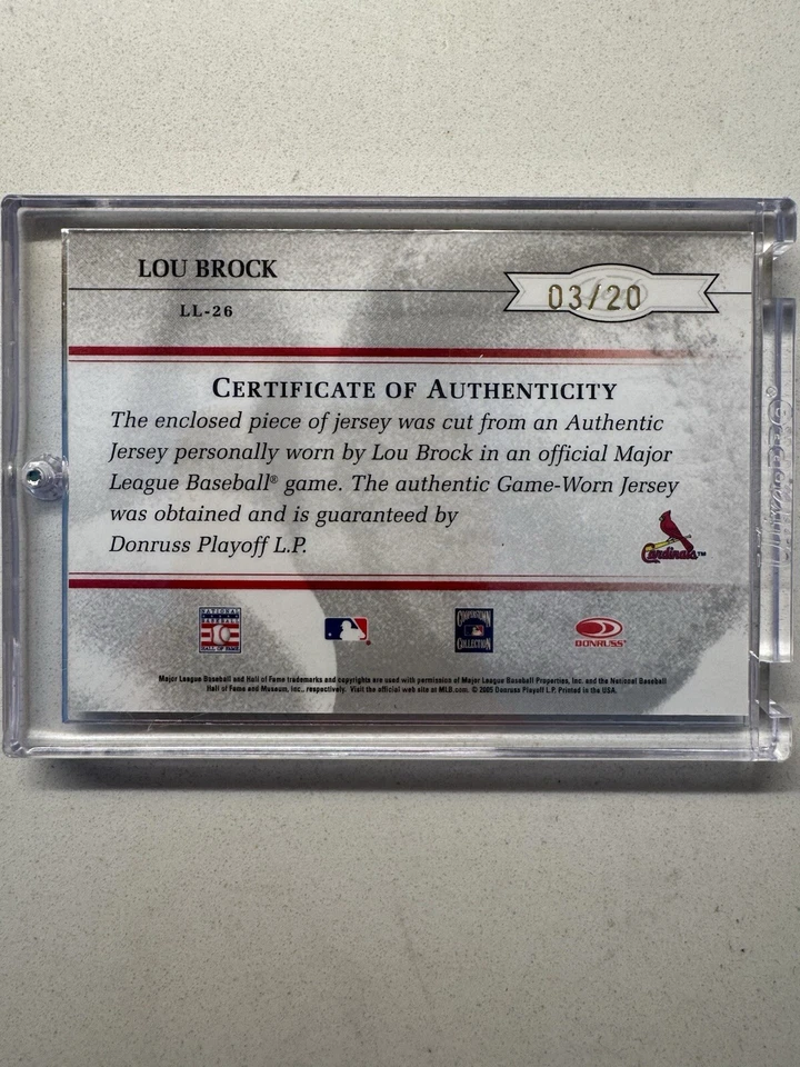 Lou Brock 2005 Donruss Leaf Legends Patch Auto 3/20 - Image 2 of 2