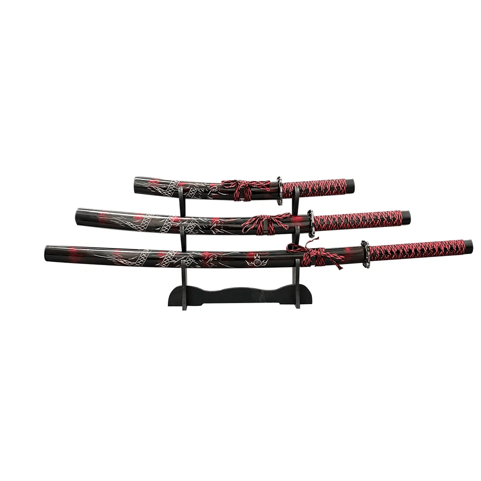 Juego de 3 espadas Katana samurai japonesas con soporte - vaina dragón rojo negro/1060 Foto 2 de 4