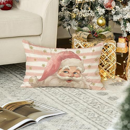 Pink Santa Claus Stripes Throw Pillow Cover, 12 x 20 Inch Pink Christmas - Picture 6 of 7