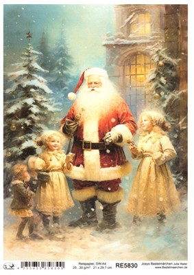 Reispapier A4 Strohseide Weihnachten Vintage Weihnachtsmann Kinder Schnee RE5830