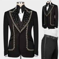 Luxury Men Wedding Suits Crystal Peaked Lapel Single Breasted Tuxedos Groom Suit