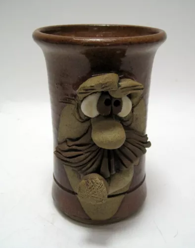 Vintage Ugly Face Stoneware Pottery Coffee Mug Signed “K” 5.5” Tall