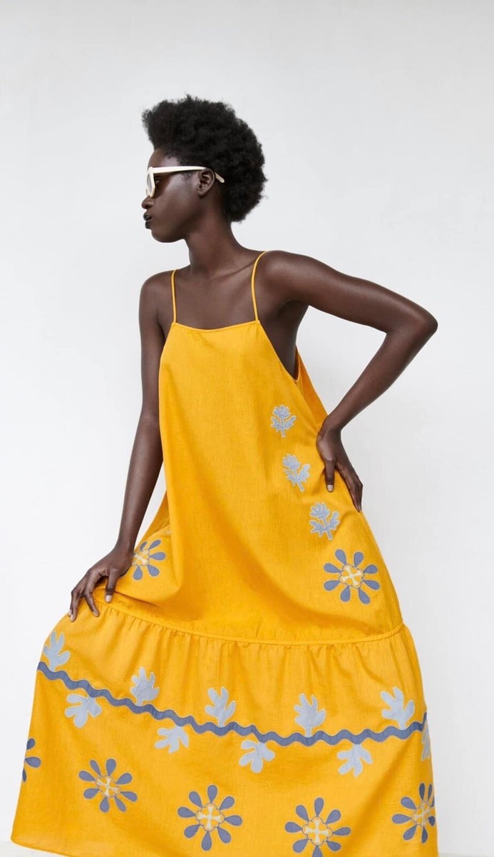 zara mustard embroidered dress
