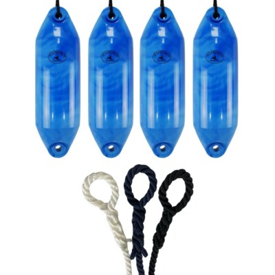 4 x Hurricane Aurora Bootsfender blau/weiß PM02 48x12cm + gratis Spleißseil